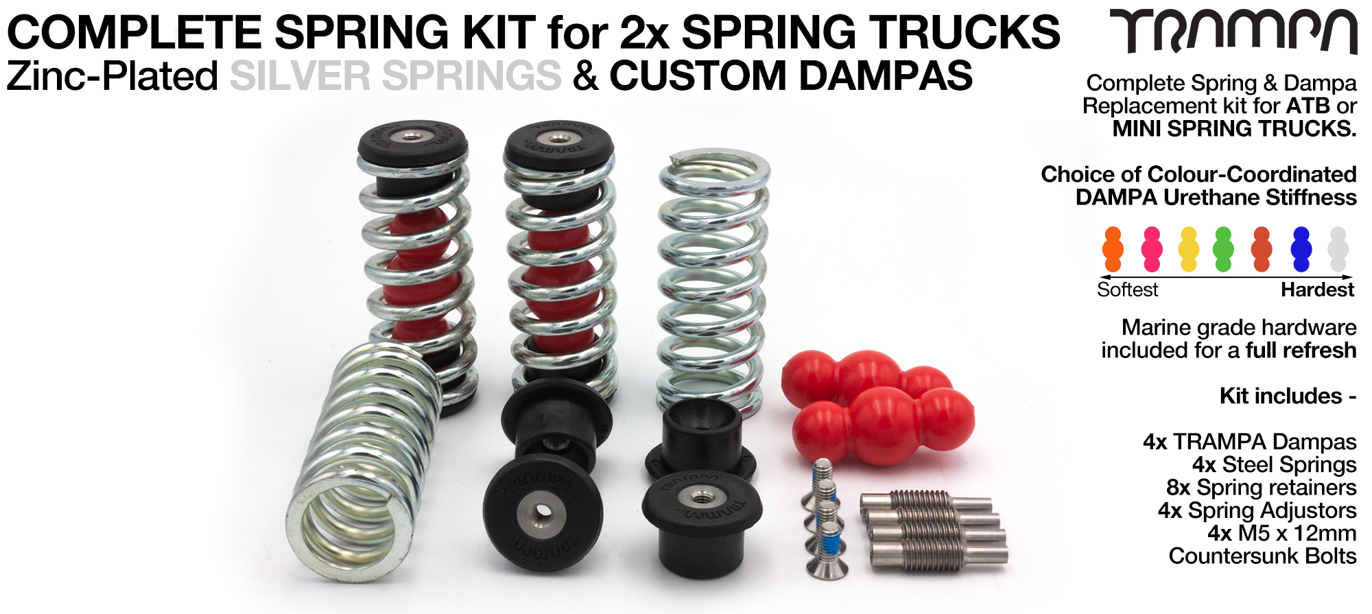 Complete Spring kit for 1x Board = 4x SILVER Springs 4x Dampa 8x Spring Retainers 4x Spring Adjuster & 4 M5x12mm Countersunk Bolt 