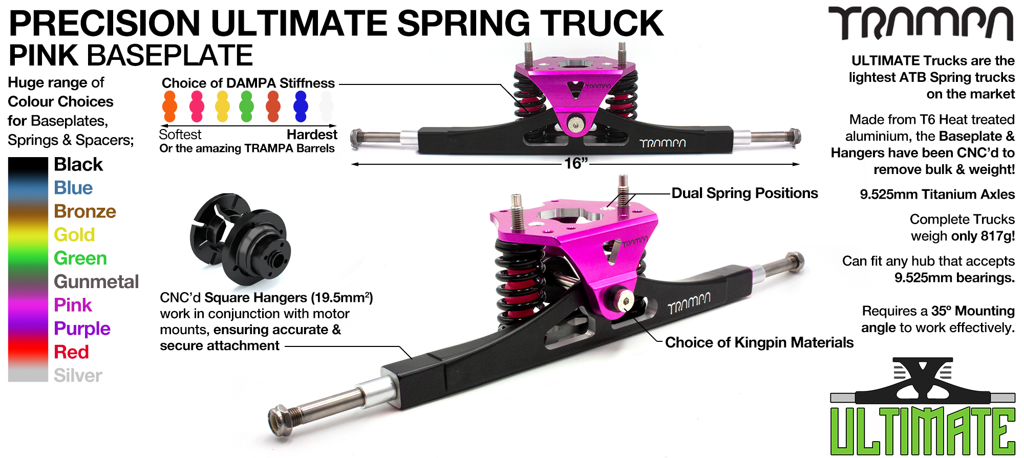 Precision CNC ULTIMATE ATB TRUCK with CNC Motor Mount fixing points, PINK Baseplate, TITANIUM Axles & Kingpin 