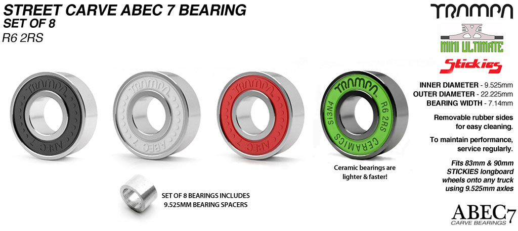 9.525mm R6-2RS Stickies Wheel Bearing used to fit STICKIES Longboard Wheels to 9.525mm Axels (9.525 x 22.225 x 7.14mm) x8 