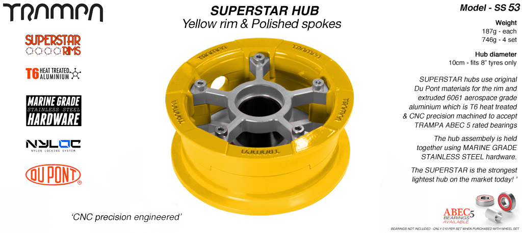 SUPERSTAR Hub 3.75 x 2 Inch - Yellow Rim with Polished Spokes & Marine Grade Stainless Steel Bolt kit 