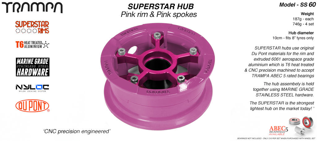 SUPERSTAR Hub 3.75 x 2 Inch - Pink Rim with Pink Spokes & Marine Grade Stainless Steel Bolt kit