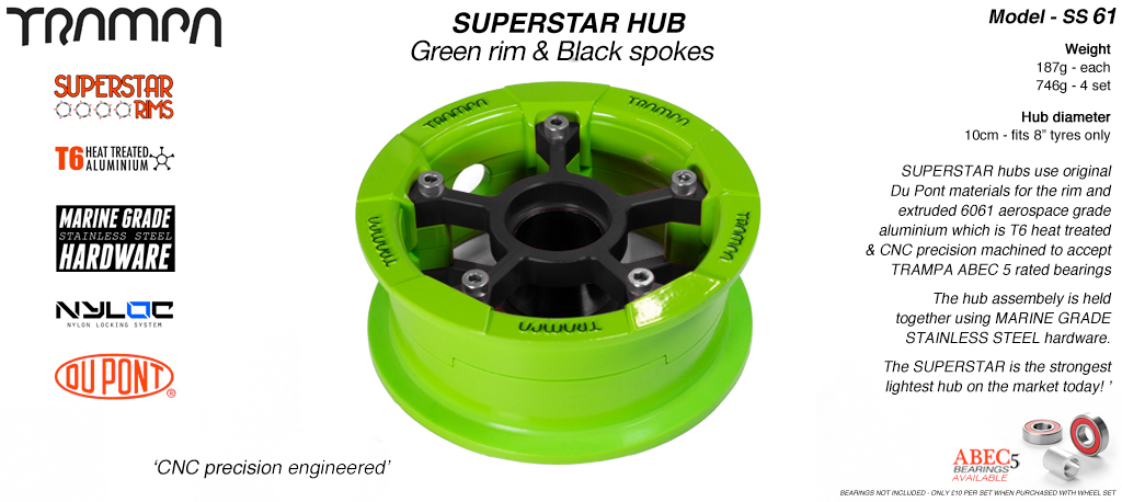 SUPERSTAR Hub 3.75 x 2 Inch - Green Rim with Black Spokes & Marine Grade Stainless Steel Bolt kit 