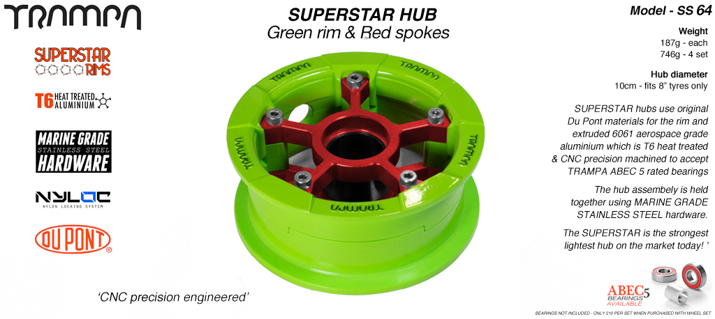 SUPERSTAR Hub 3.75 x 2 Inch - Green Rim with Red Spokes & Marine Grade Stainless Steel Bolt kit 