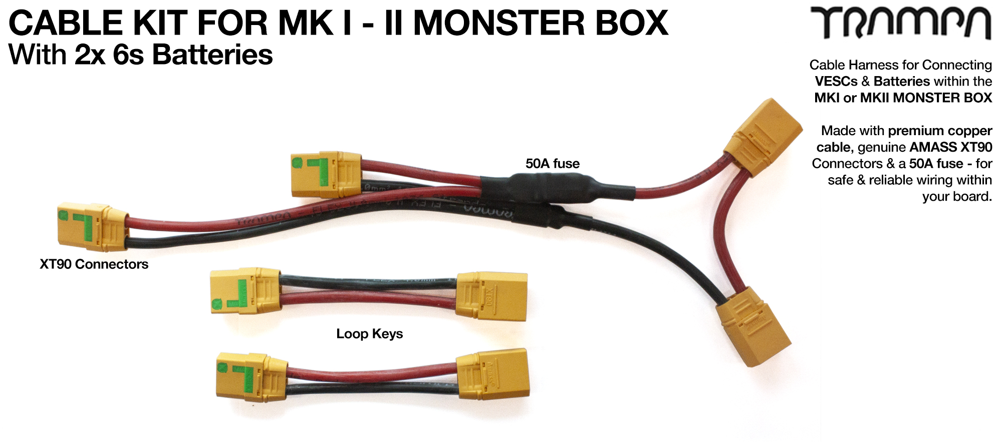 MKII Monster Box cable kit for TWIN Motor 12s1p x2   - Everything you need to plug in your board if using 2x LIPO batteries 