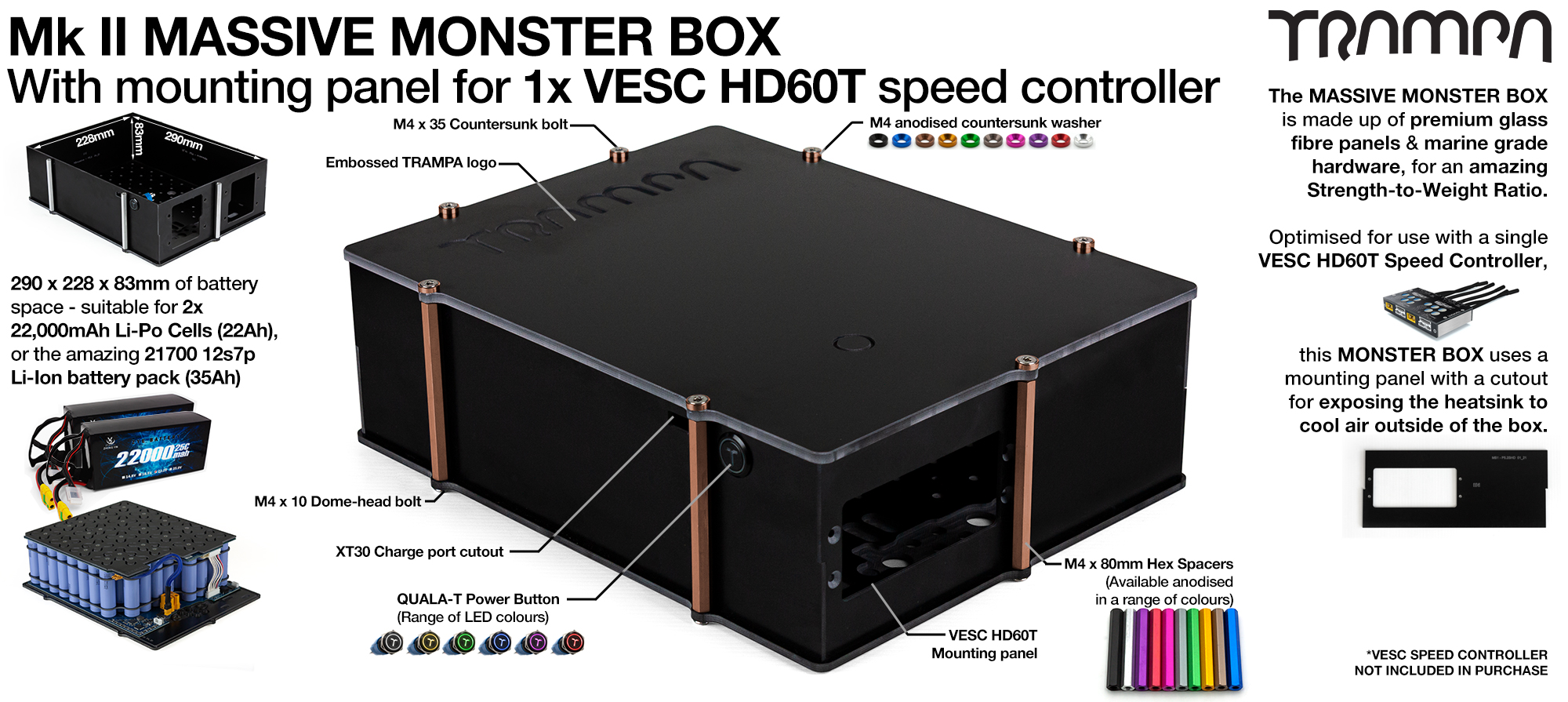 21700 2WD MASSIVE MONSTER Box with 1x VESC HD-60Twin Mounting Panel