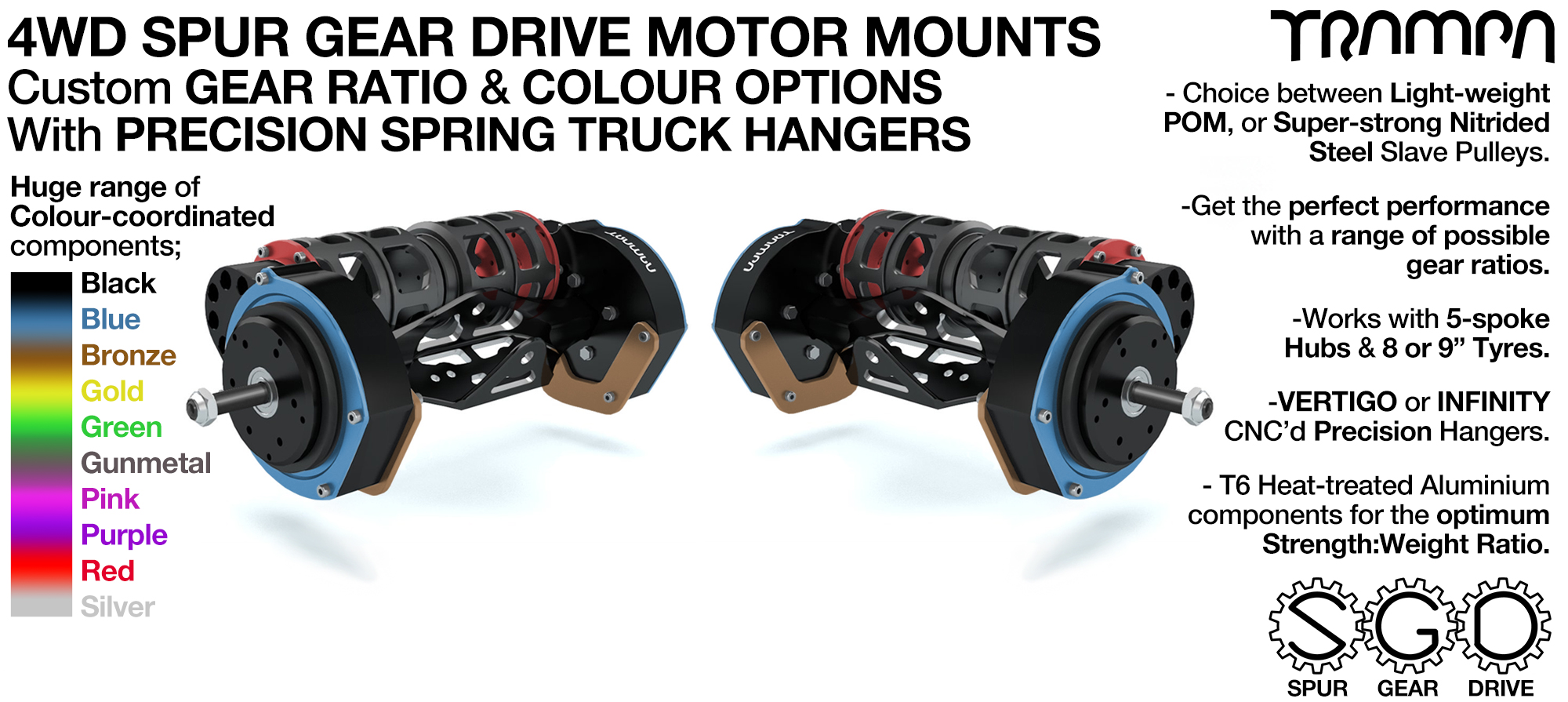 4WD Mountainboard Spur Gear Drive Motor Mounts & Hangers