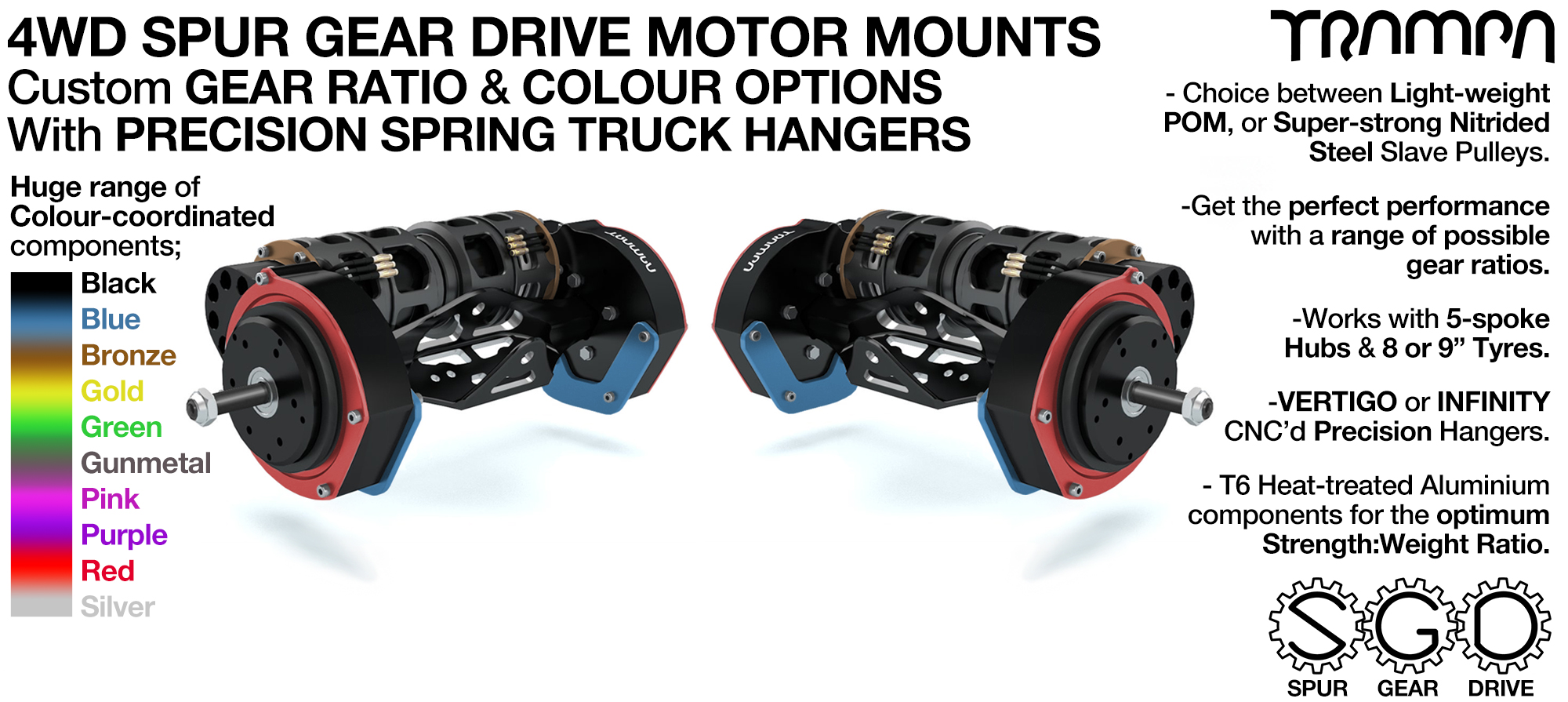 4WD Mountainboard Spur Gear Drive Motor Mounts on Hangers with Custom Motors