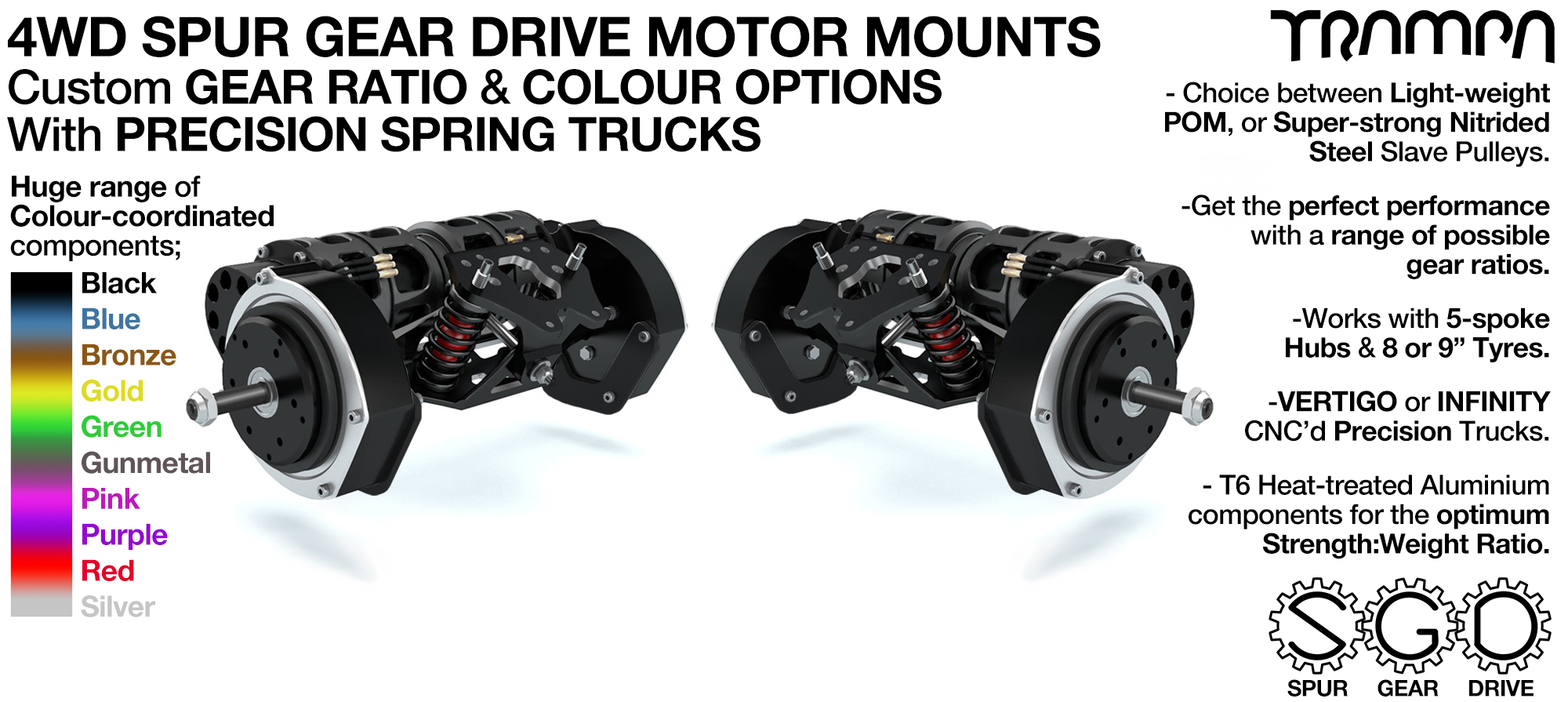 4WD Mountainboard Spur Gear Drive Motor Mounts on CNC Precision TRUCKS with Custom Motors 