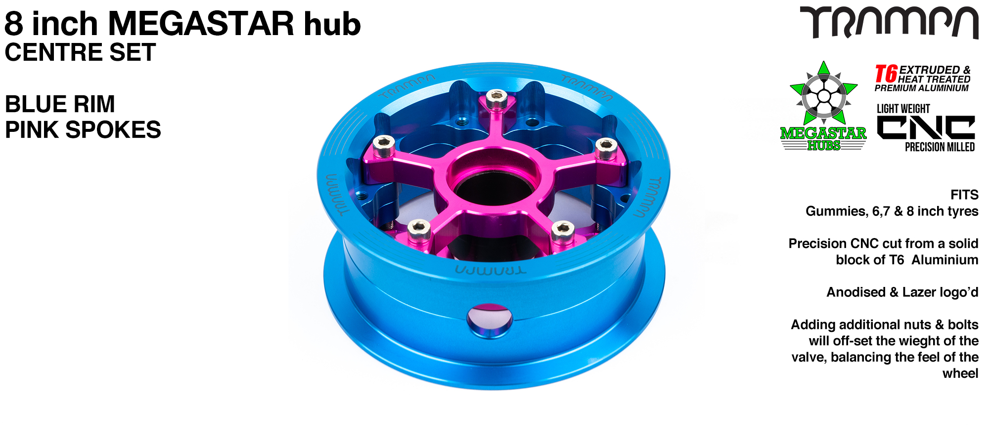 CENTRE-SET MEGASTAR 8 Hub 3.75 x 2 Inch - BLUE Rim with PINK Spokes