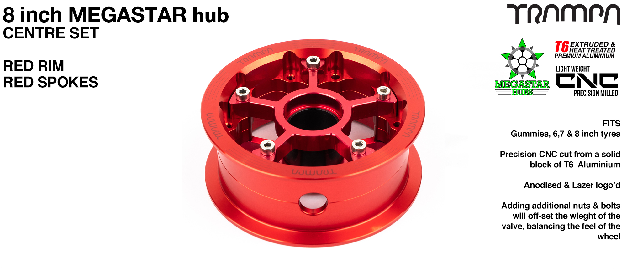 CENTRE-SET MEGASTAR 8 Hub 3.75 x 2 Inch - RED Rim with RED Spokes 