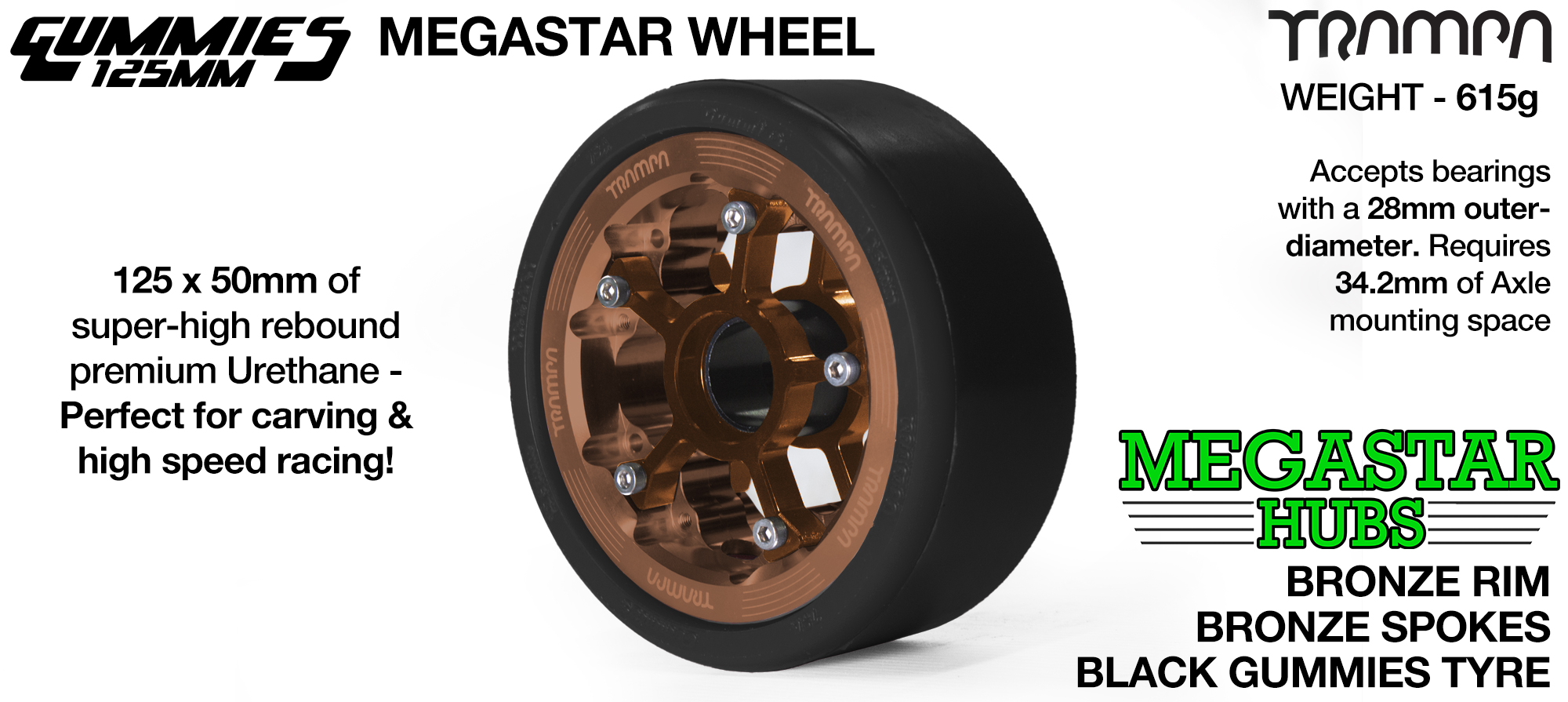 BRONZE CENTER-SET MEGASTAR 8 Rim with BRONZE Spokes with BLACK Gummies  - The Ultimate Longboard Wheel 