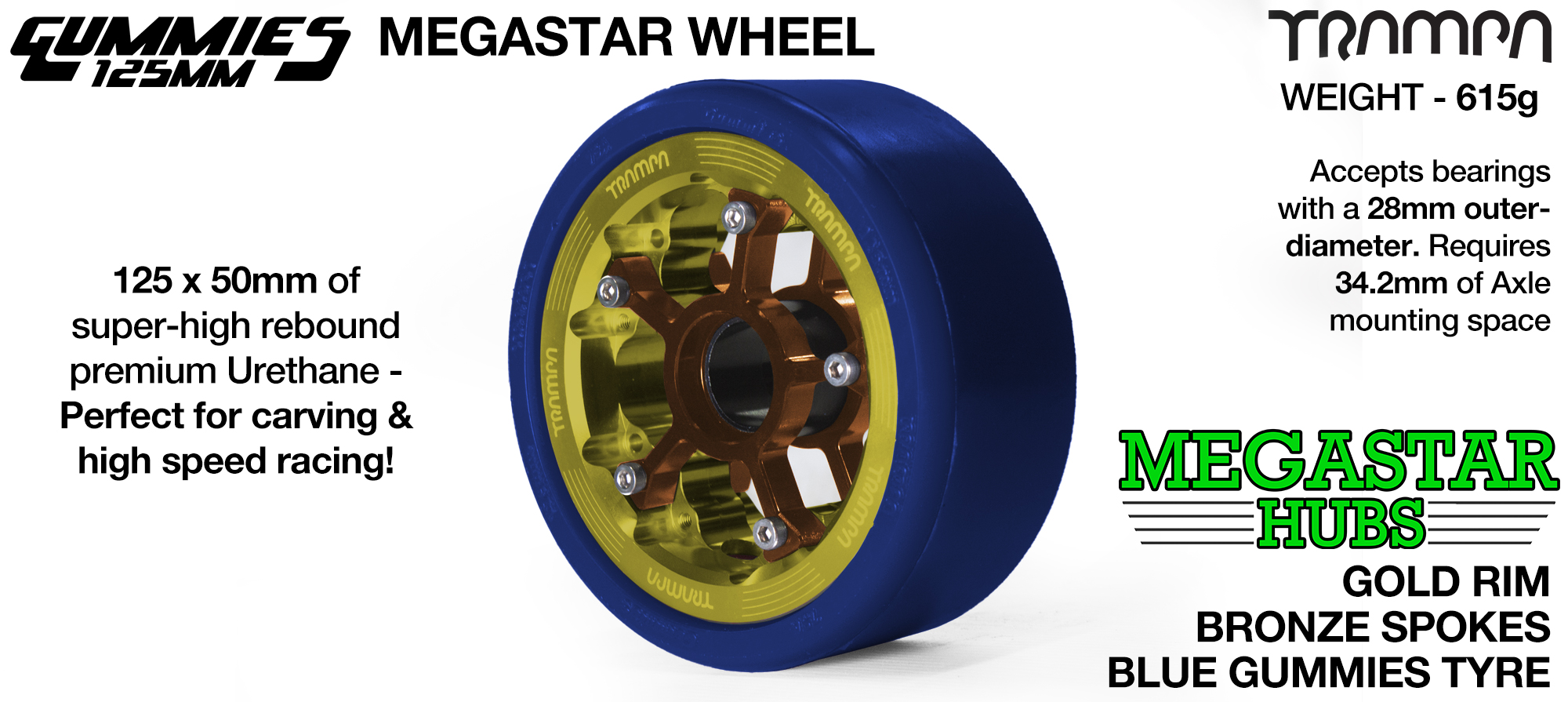 GOLD CENTER-SET MEGASTAR 8 Rim with BRONZE Spokes with BLUE Gummies  - The Ultimate Longboard Wheel
