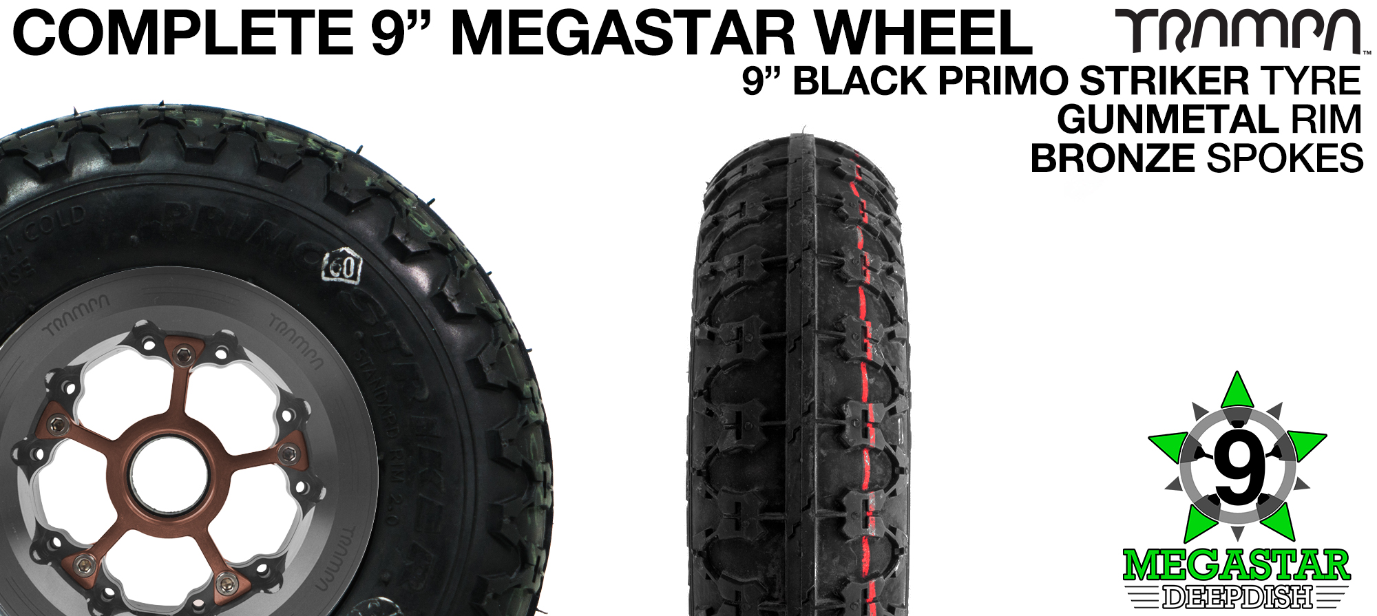 GUNMETAL 9 inch Deep-Dish MEGASTARS Rim with BRONZE Spokes & 9 Inch STRIKER Tyre