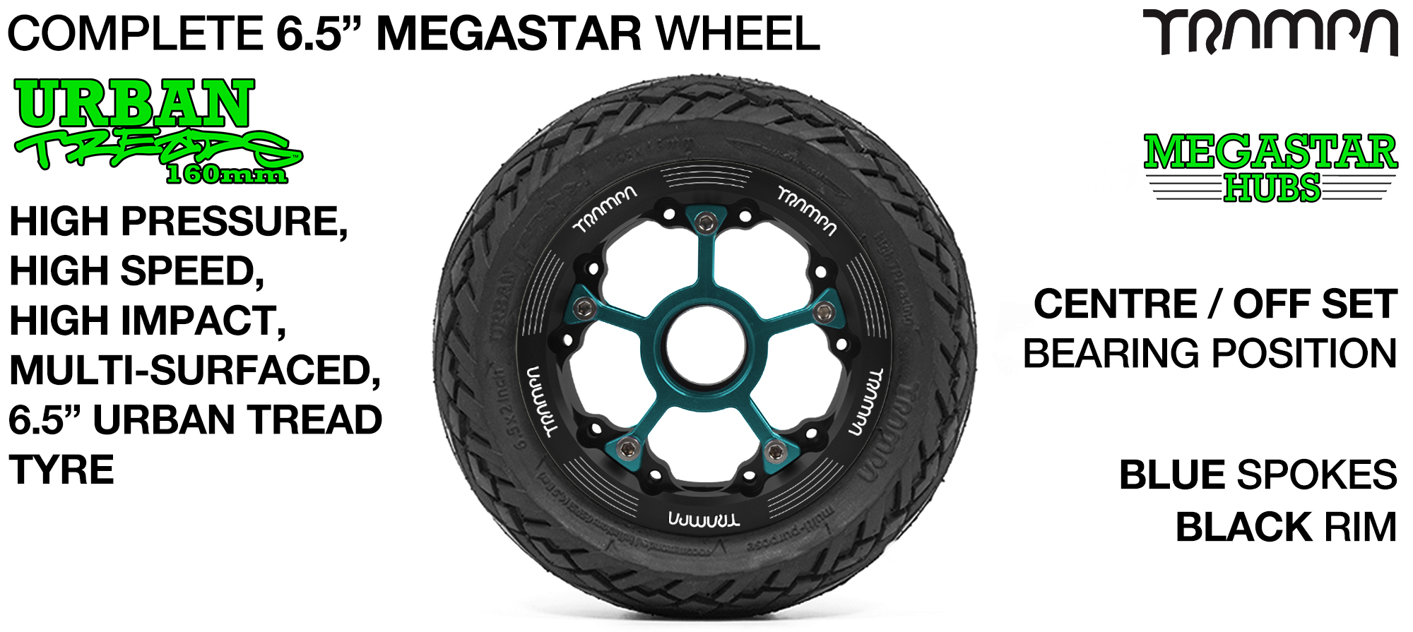 CENTER-SET MEGASTAR 8 Hub with BLACK Rims & BLUE Spokes with the amazing Low Profile 6.5 Inch URBAN Treads Tyres 