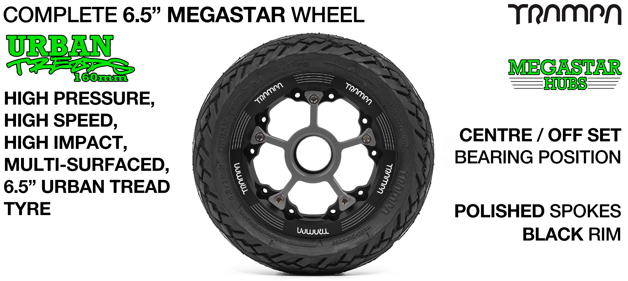 CENTER-SET MEGASTAR 8 Hub with BLACK Rims & POLISHED Spokes with the amazing Low Profile 6.5 Inch URBAN Treads Tyres 