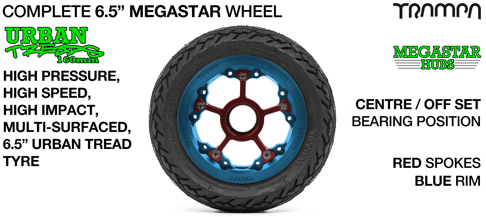 BLUE MEGASTAR Rims with RED Spokes & 6.5 Inch URBAN Treads Tyres 