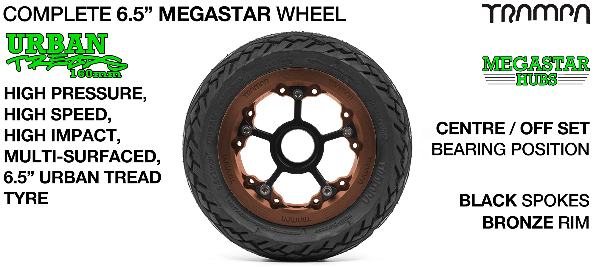 CENTER-SET MEGASTAR 8 Hub with BRONZE Rims & BLACK Spokes with the amazing Low Profile 6.5 Inch URBAN Treads Tyres
