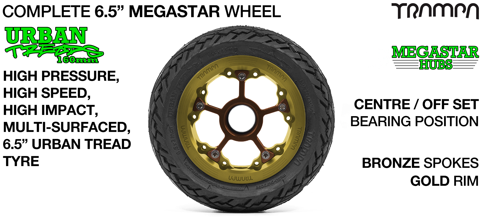 CENTER-SET MEGASTAR 8 Hub with GOLD Rims & BRONZE Spokes with the amazing Low Profile 6.5 Inch URBAN Treads Tyres