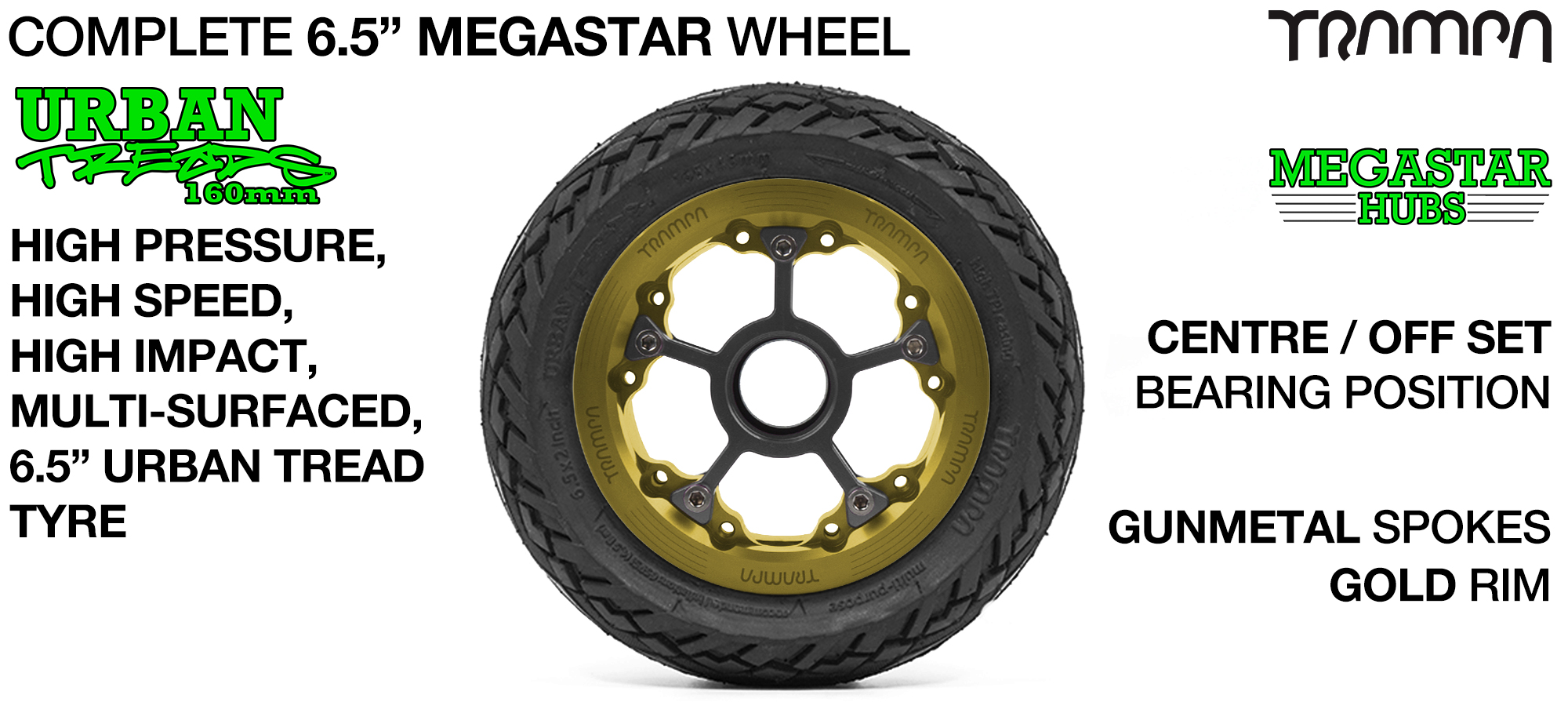 CENTER-SET MEGASTAR 8 Hub with GOLD Rims & GUNMETAL Spokes with the amazing Low Profile 6.5 Inch URBAN Treads Tyres