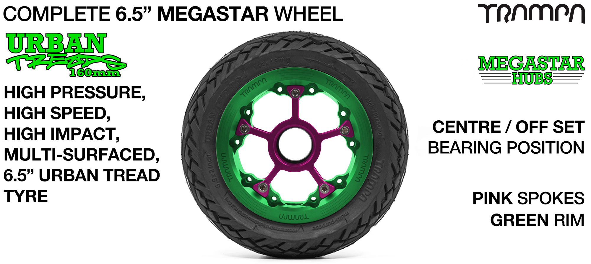 CENTER-SET MEGASTAR 8 Hub with GREEN Rims & PINK Spokes with the amazing Low Profile 6.5 Inch URBAN Treads Tyres