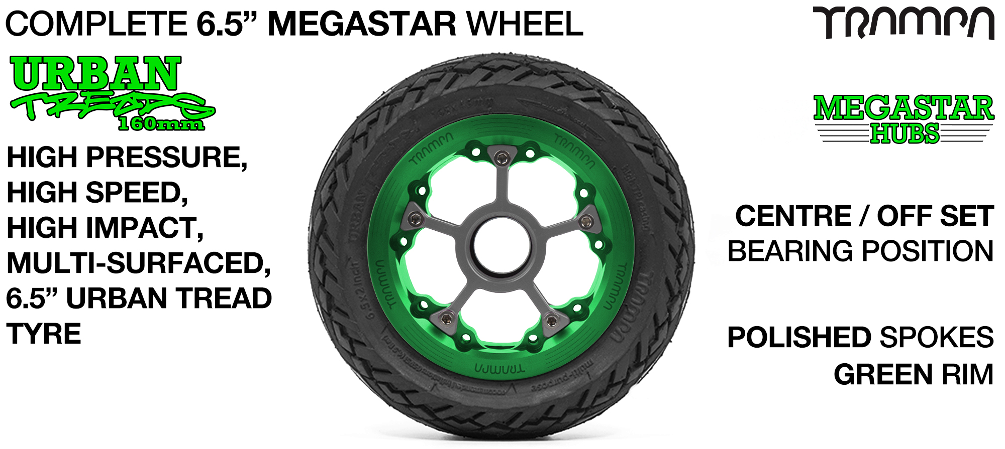 CENTER-SET MEGASTAR 8 Hub with GREEN Rims & POLISHED Spokes with the amazing Low Profile 6.5 Inch URBAN Treads Tyres