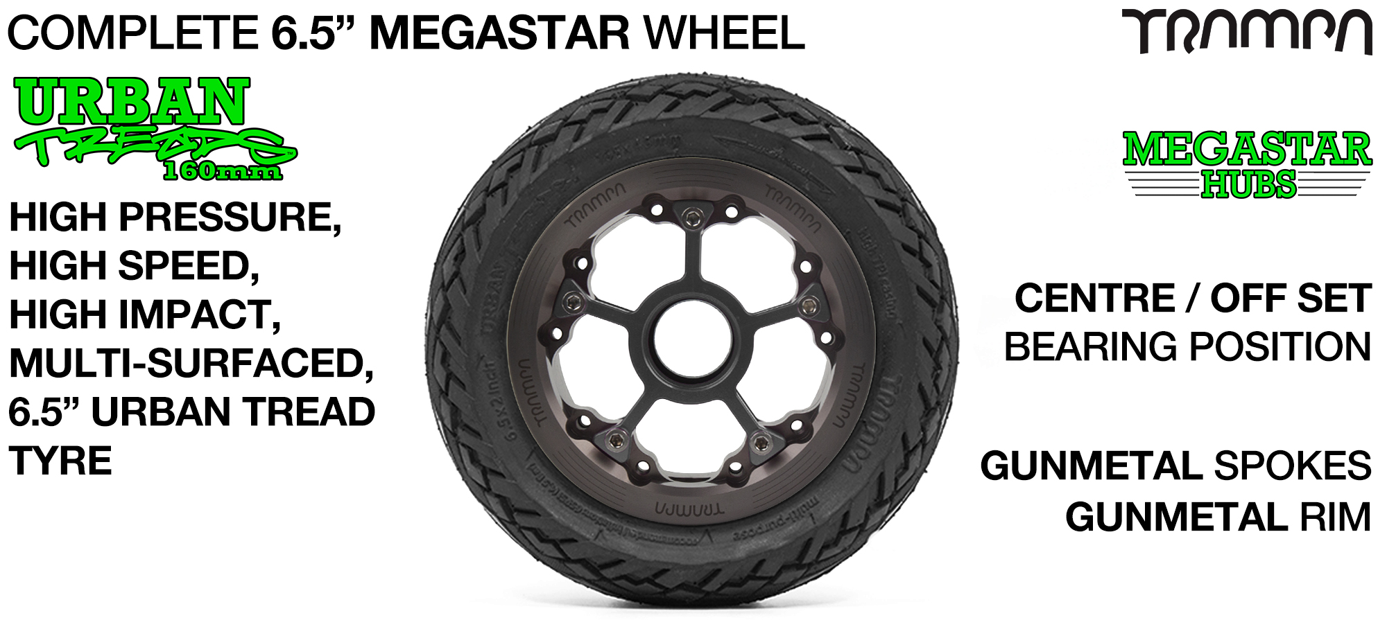 CENTER-SET MEGASTAR 8 Hub with GUNMETAL Rims & GUNMETAL Spokes with the amazing Low Profile 6.5 Inch URBAN Treads Tyres