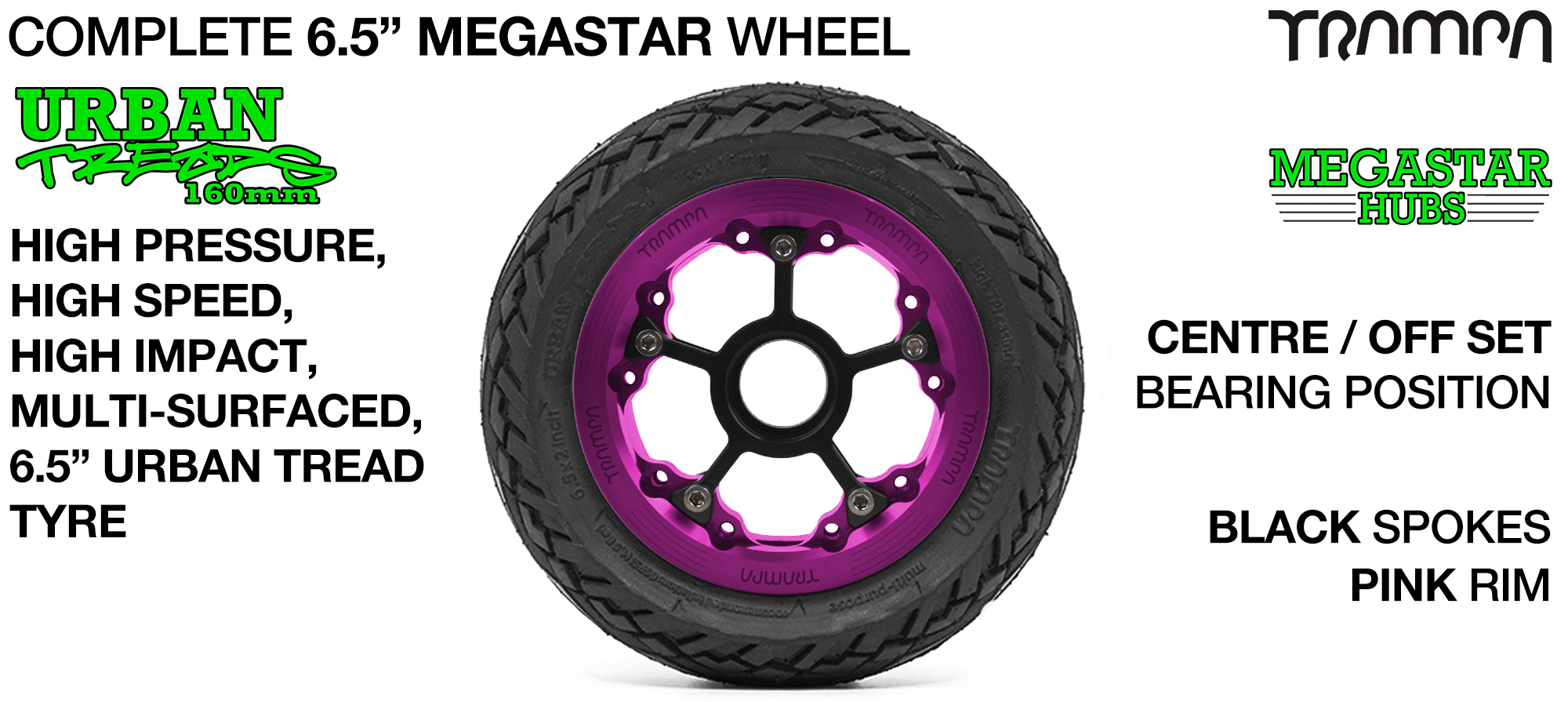 CENTER-SET MEGASTAR 8 Hub with PINK Rims & BLACK Spokes with the amazing Low Profile 6.5 Inch URBAN Treads Tyres