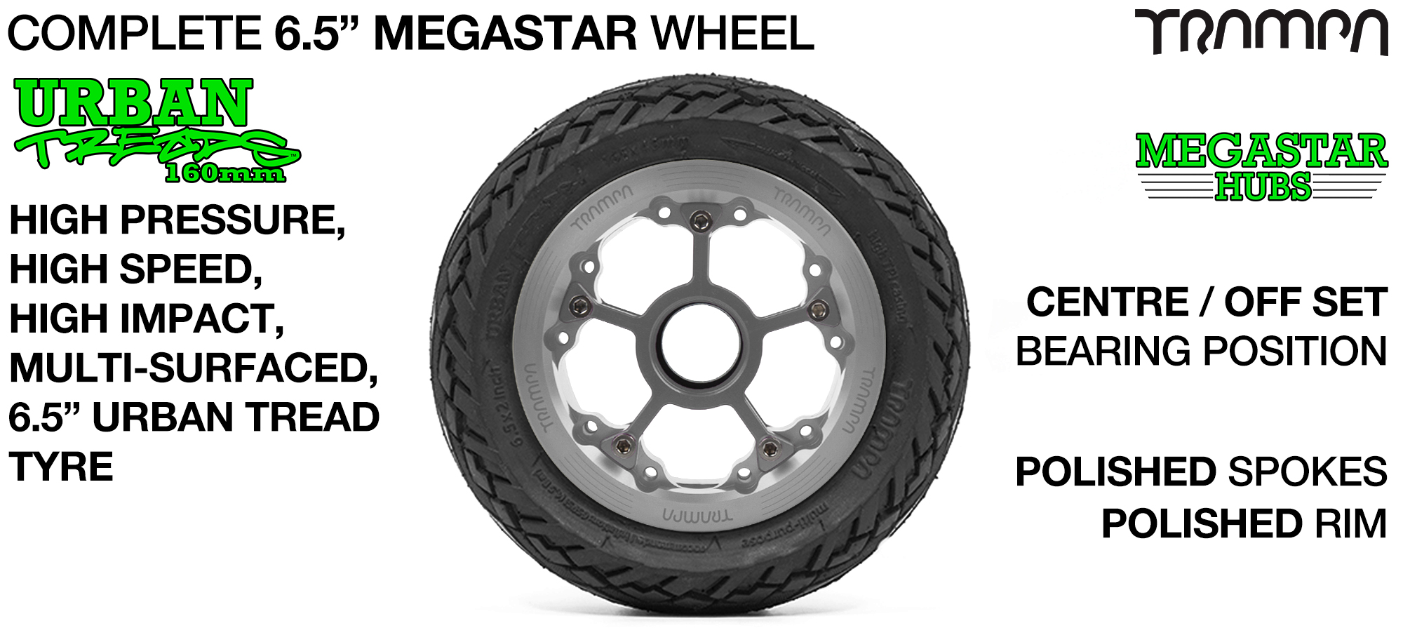 CENTER-SET MEGASTAR 8 Hub with POLISHED Rims & POLISHED Spokes with the amazing Low Profile 6.5 Inch URBAN Treads Tyres
