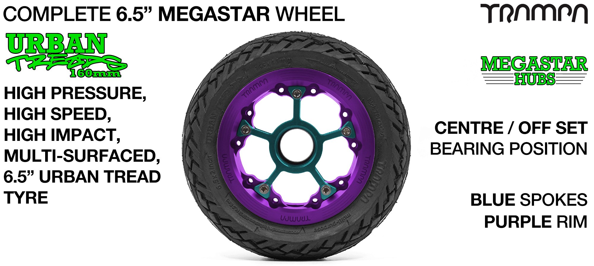 CENTER-SET MEGASTAR 8 Hub with PURPLE Rims & BLUE Spokes with the amazing Low Profile 6.5 Inch URBAN Treads Tyres