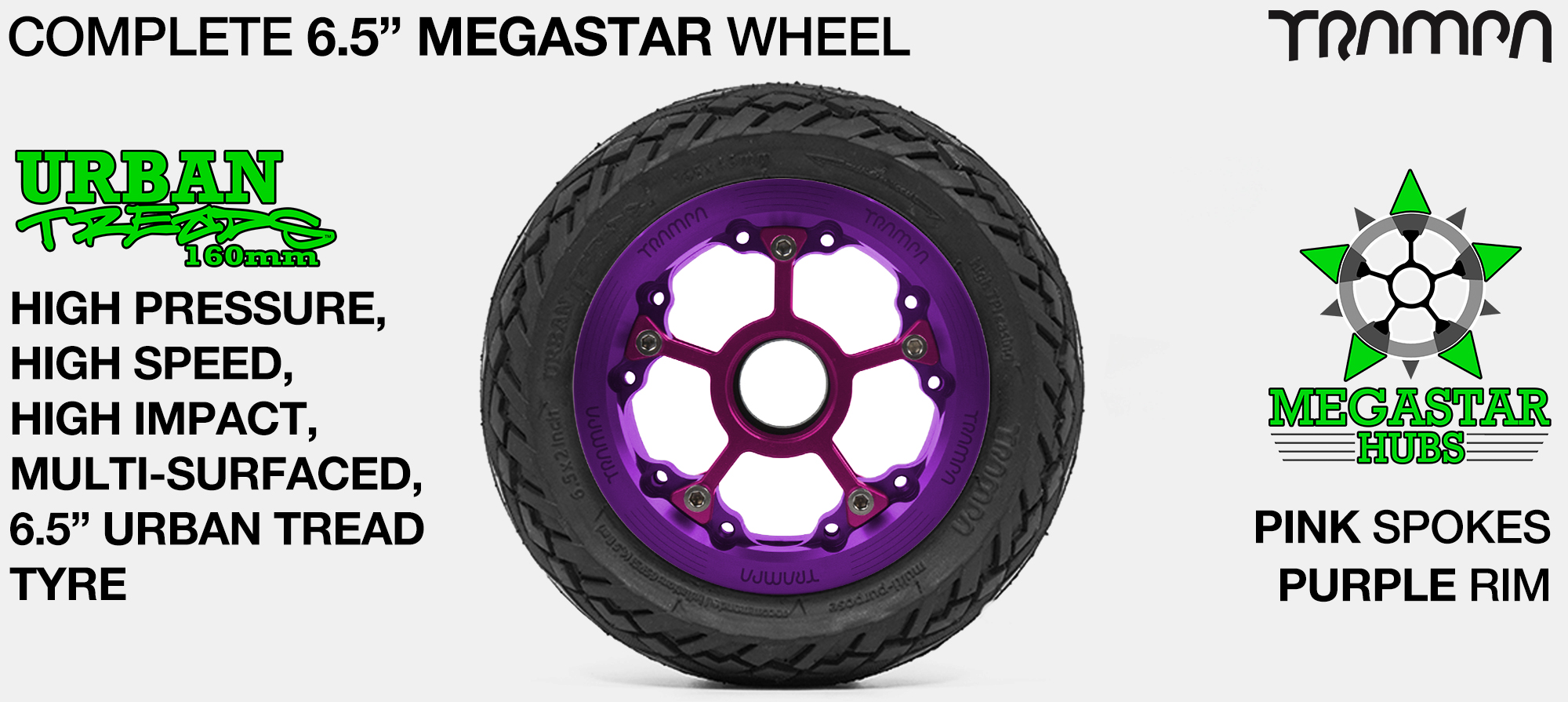 CENTER-SET MEGASTAR 8 Hub with PURPLE Rims & PINK Spokes with the amazing Low Profile 6.5 Inch URBAN Treads Tyres