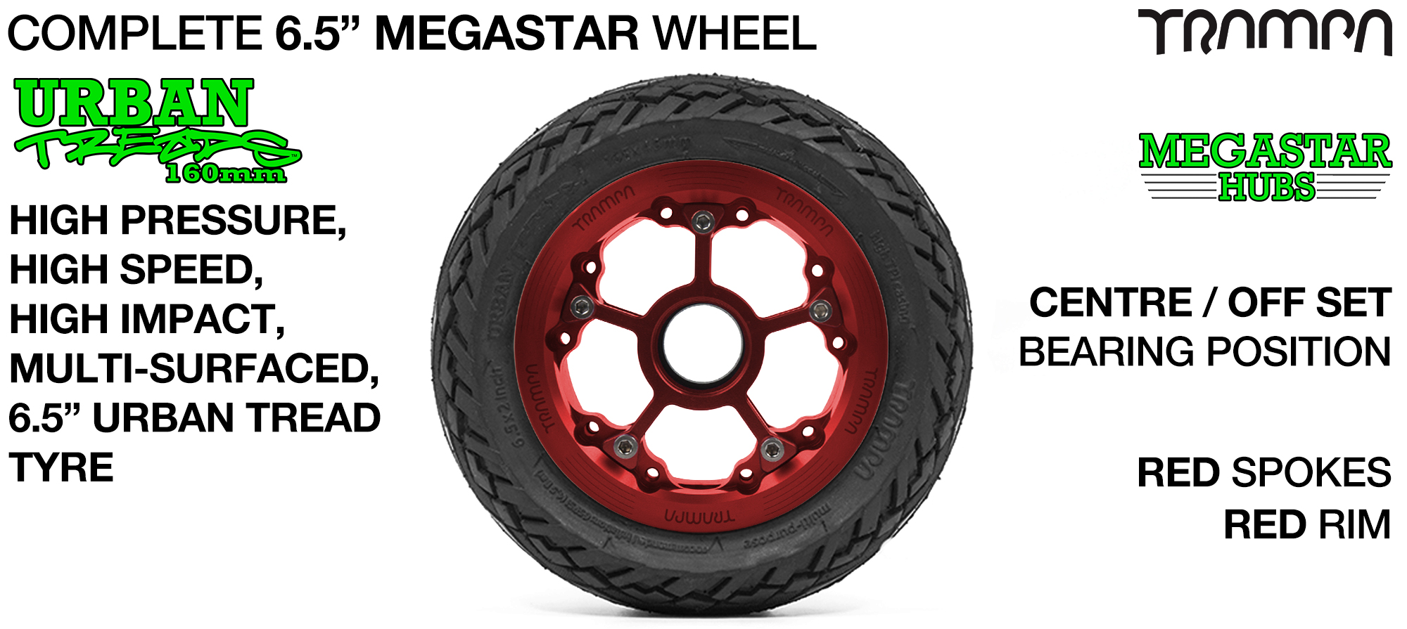 CENTER-SET MEGASTAR 8 Hub with RED Rims & RED Spokes with the amazing Low Profile 6.5 Inch URBAN Treads Tyres