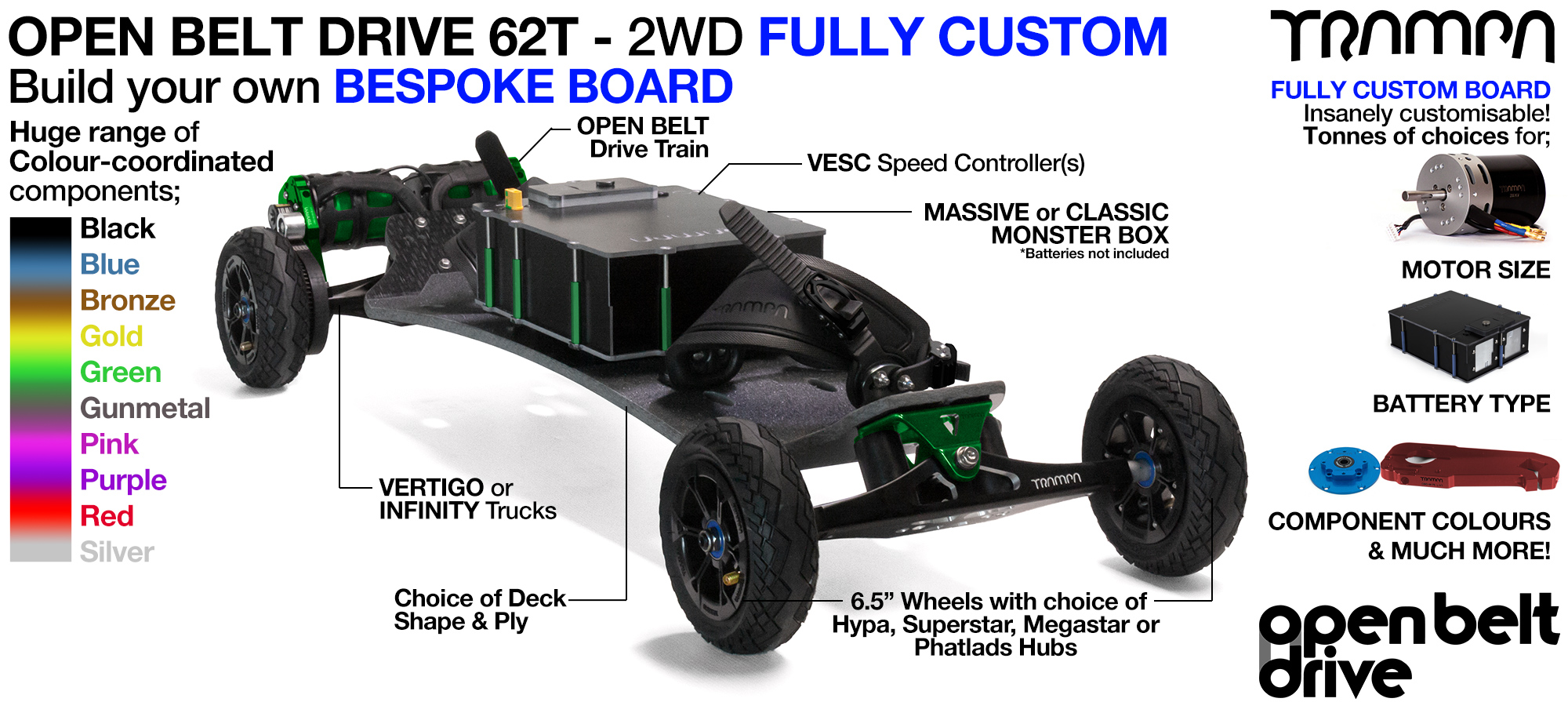 2WD 66T Open Belt Drive TRAMPA Electric Mountainboard with 6 Inch URBAN TREADs Wheels & 62 Tooth Pulleys - CUSTOM