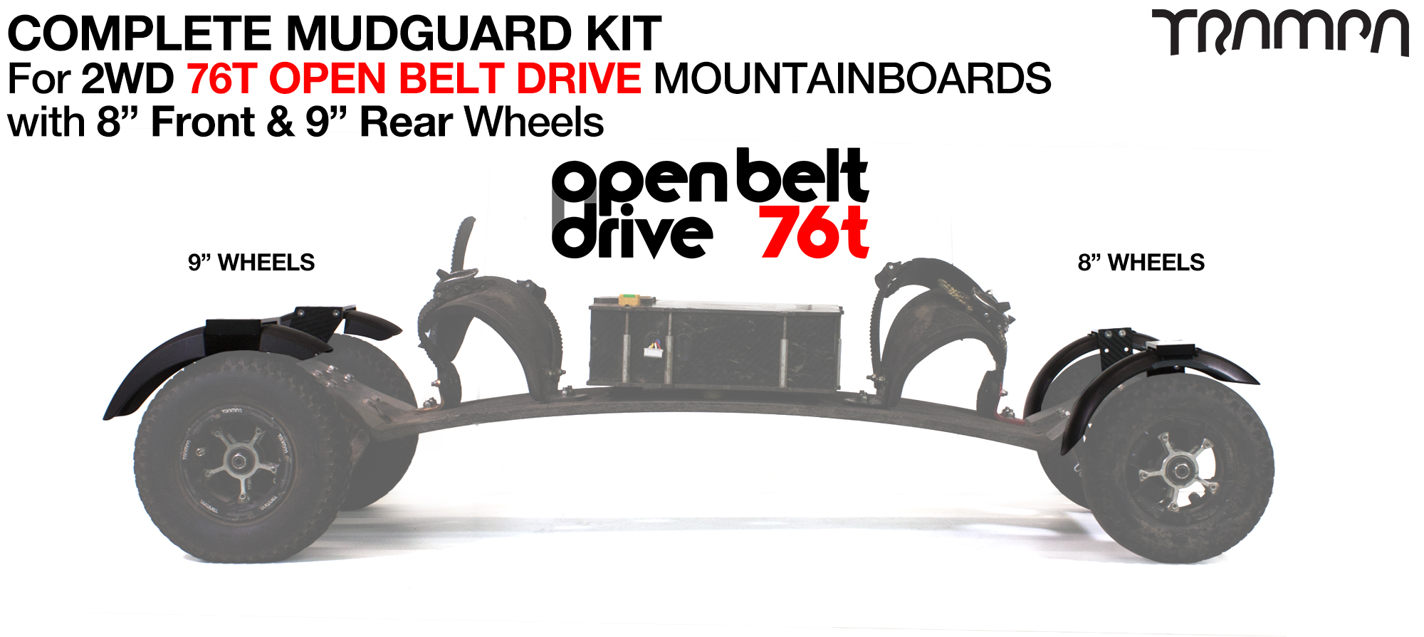 Full Mudguard Kit for 2WD 76T OPEN BELT DRIVE Mountainboards - 8" & 9" Wheels 