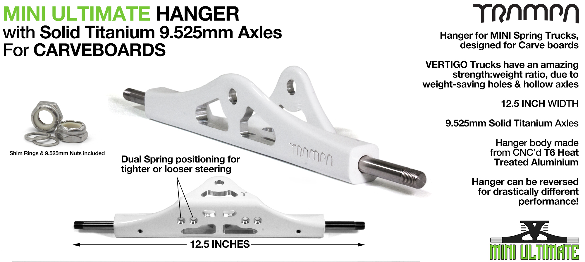 ULTIMATE MINI Hanger - 9.525mm TITANIUM Axles, Powder Coated White & CNC'd light 