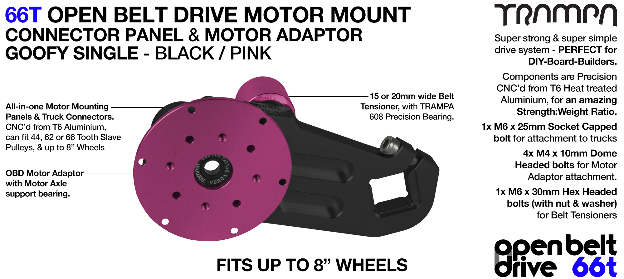 66T OPEN BELT DRIVE Motor Mount & Motor Adaptor - SINGLE PINK
