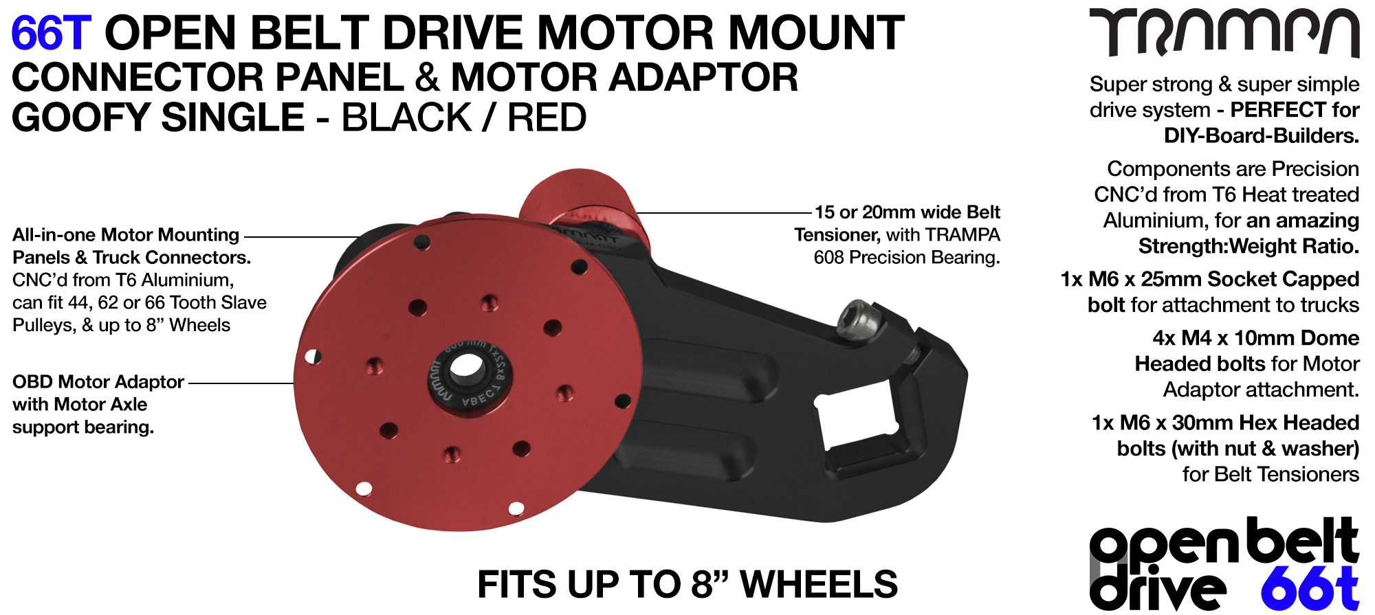 66T OPEN BELT DRIVE Motor Mount & Motor Adaptor - SINGLE RED
