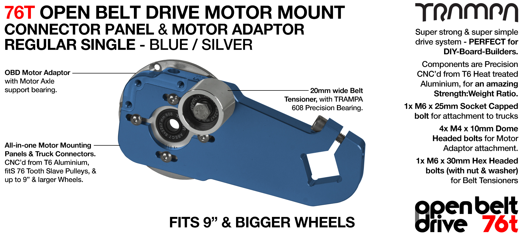 76T Open Belt Drive Motor Mount & Motor Adaptor - SINGLE BLUE
