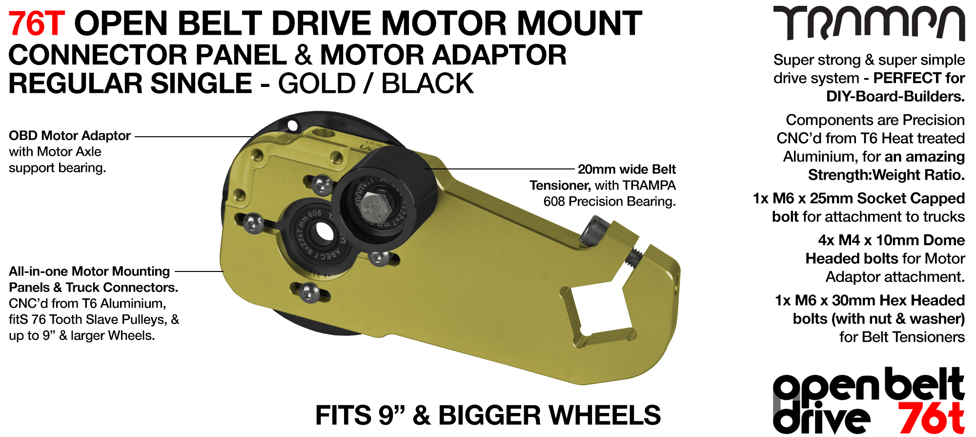76T Open Belt Drive Motor Mount & Motor Adaptor - SINGLE GOLD