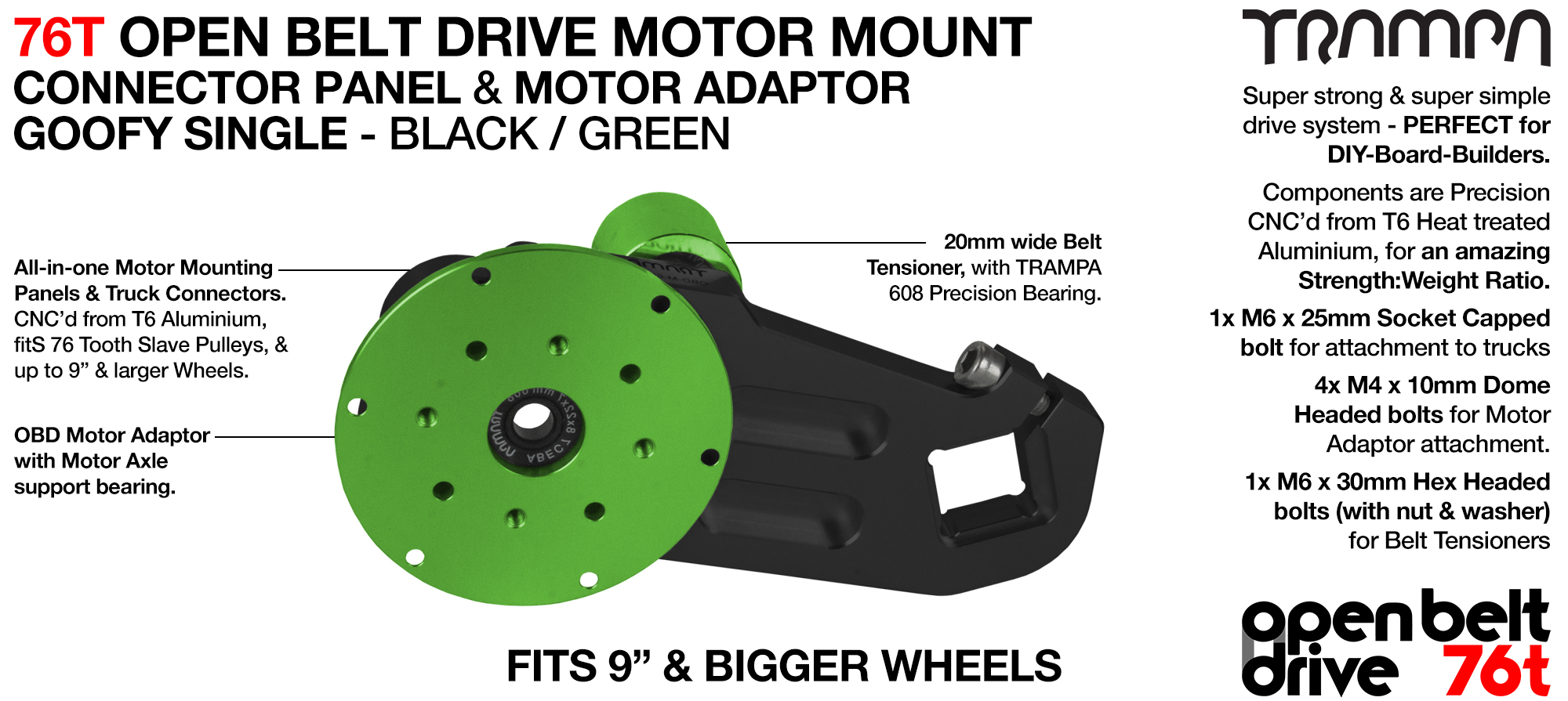 76T Open Belt Drive Motor Mount & Motor Adaptor - SINGLE GREEN