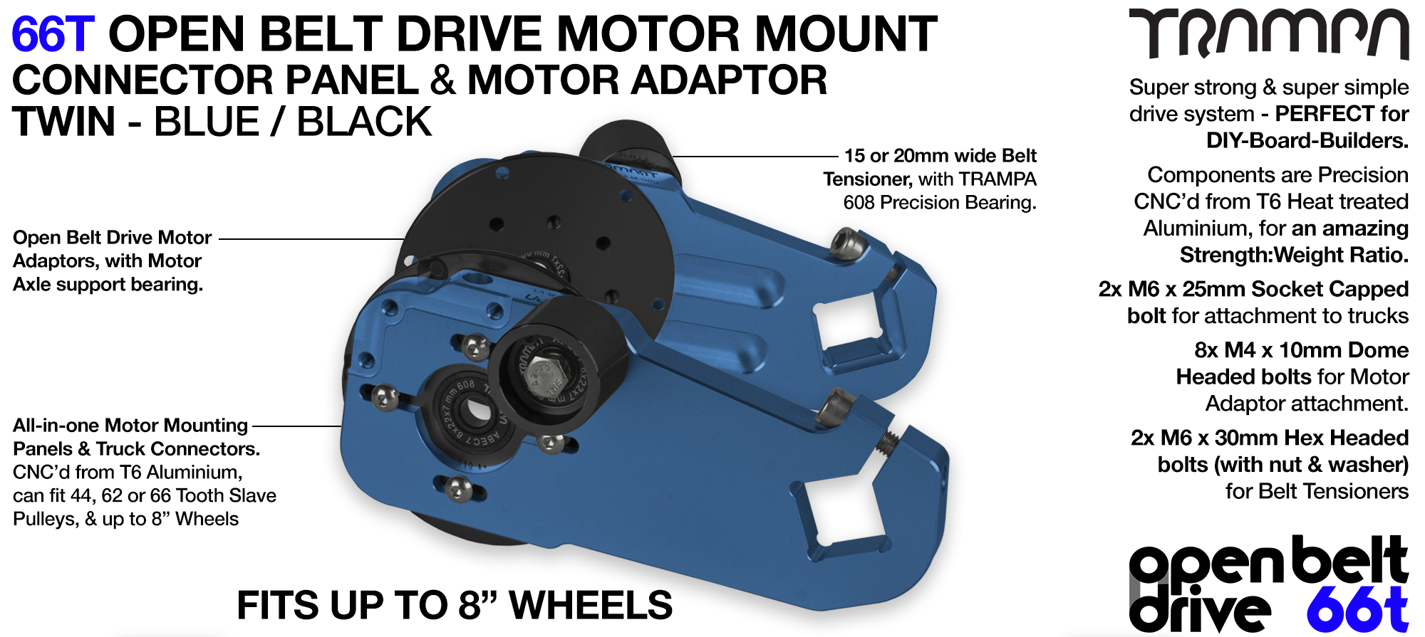 66T OPEN BELT DRIVE Motor Mount & Motor Adaptor - TWIN BLUE