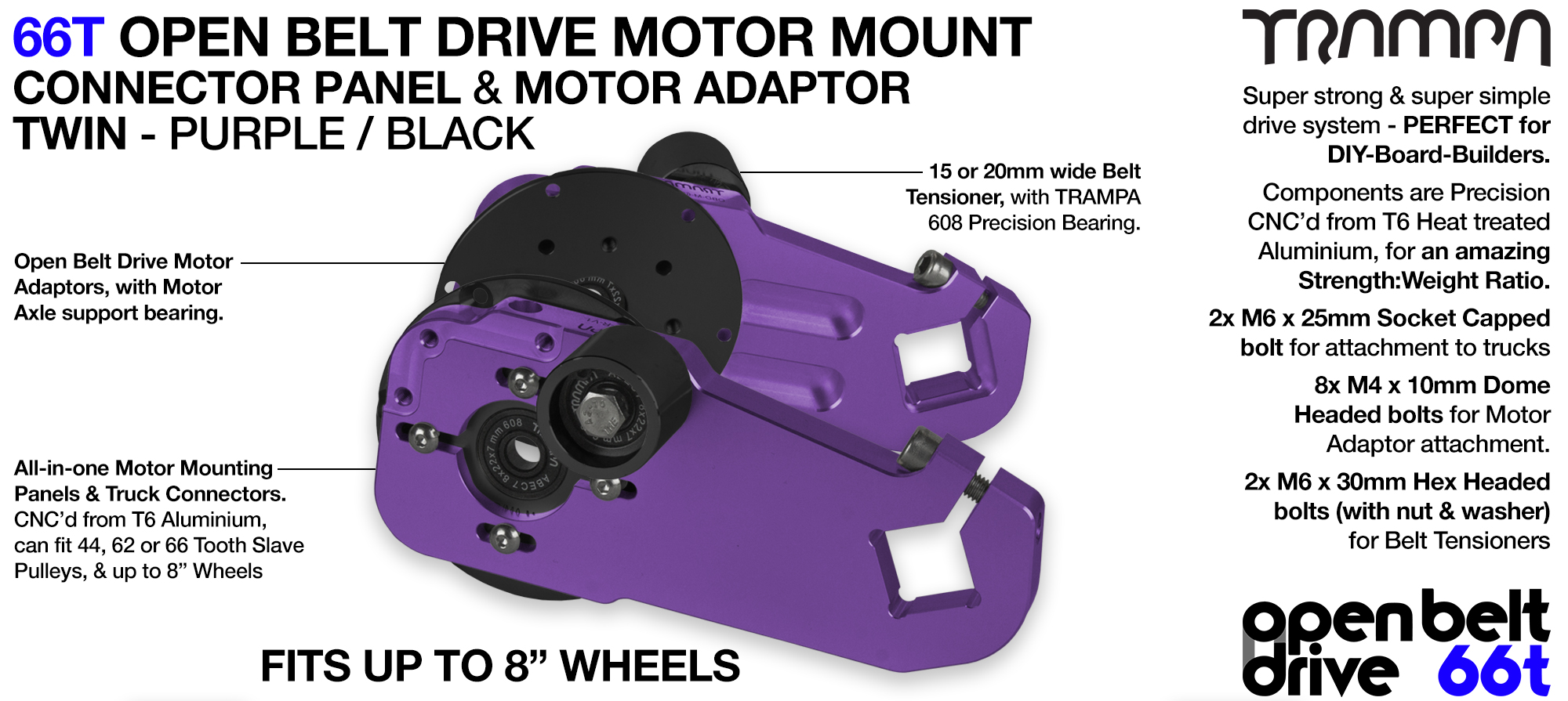 66T OPEN BELT DRIVE Motor Mount & Motor Adaptor - TWIN PURPLE