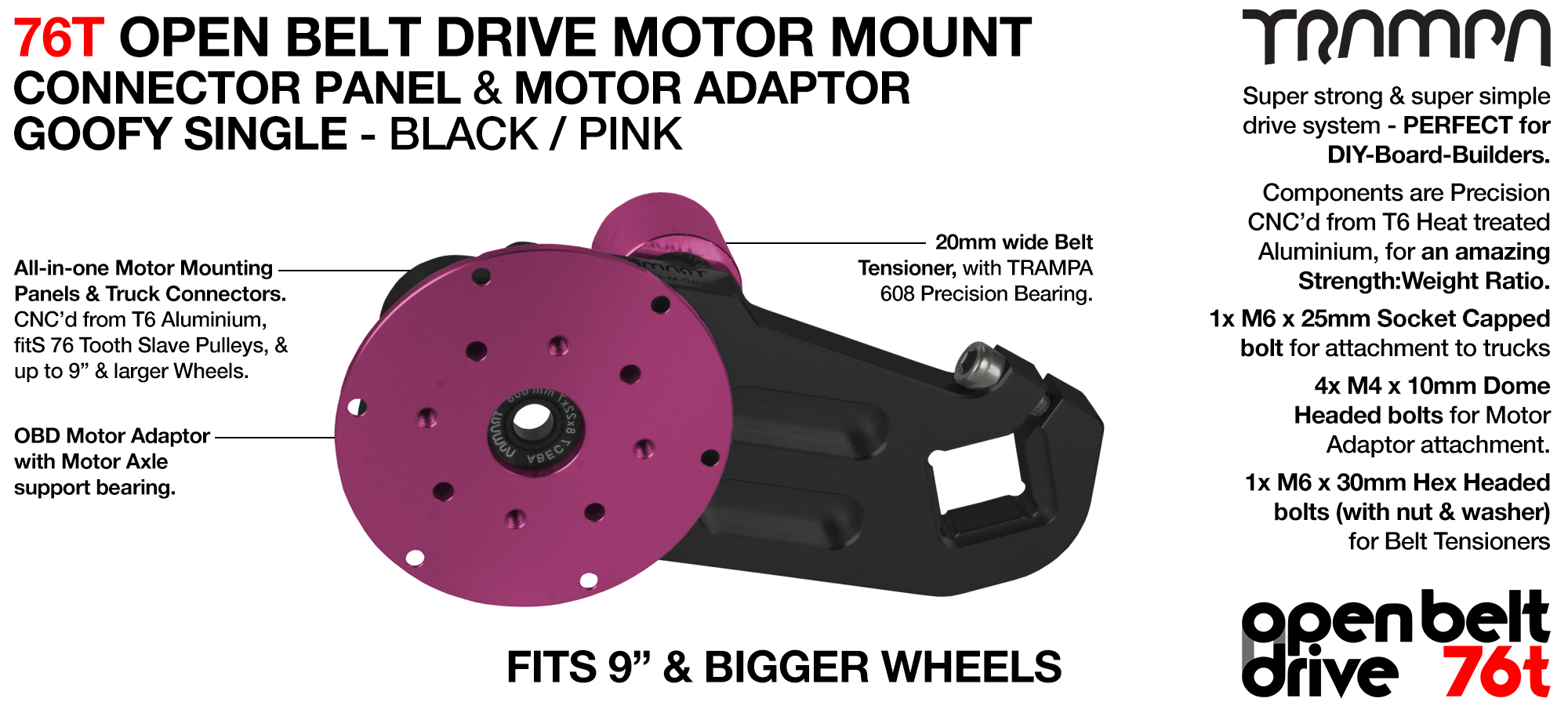 76T Open Belt Drive Motor Mount & Motor Adaptor - SINGLE PINK