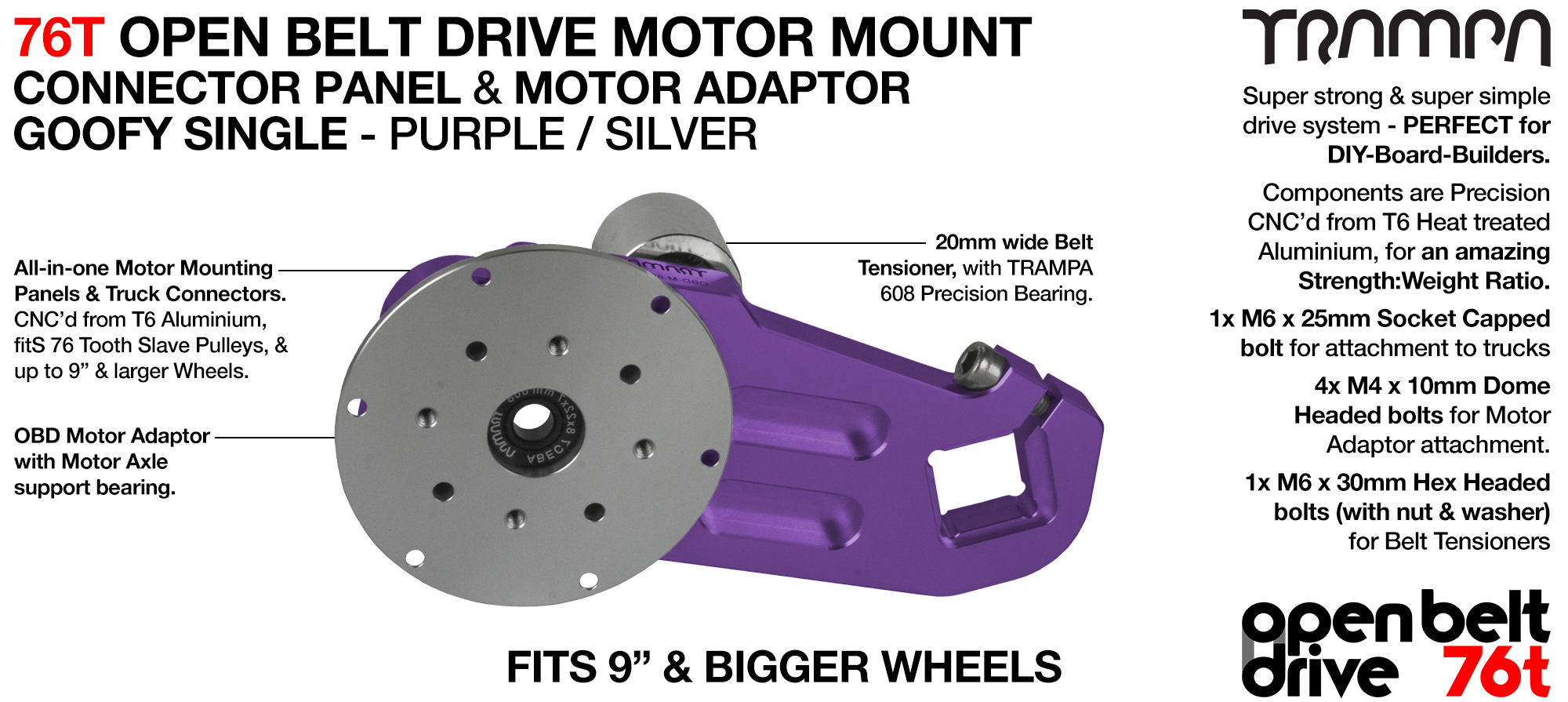 76T Open Belt Drive Motor Mount & Motor Adaptor - SINGLE PURPLE