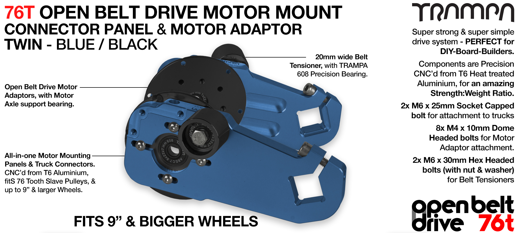 76T Open Belt Drive Motor Mount & Motor Adaptor - TWIN BLUE