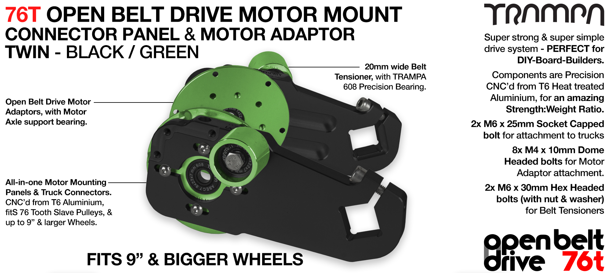 76T Open Belt Drive Motor Mount & Motor Adaptor - TWIN GREEN