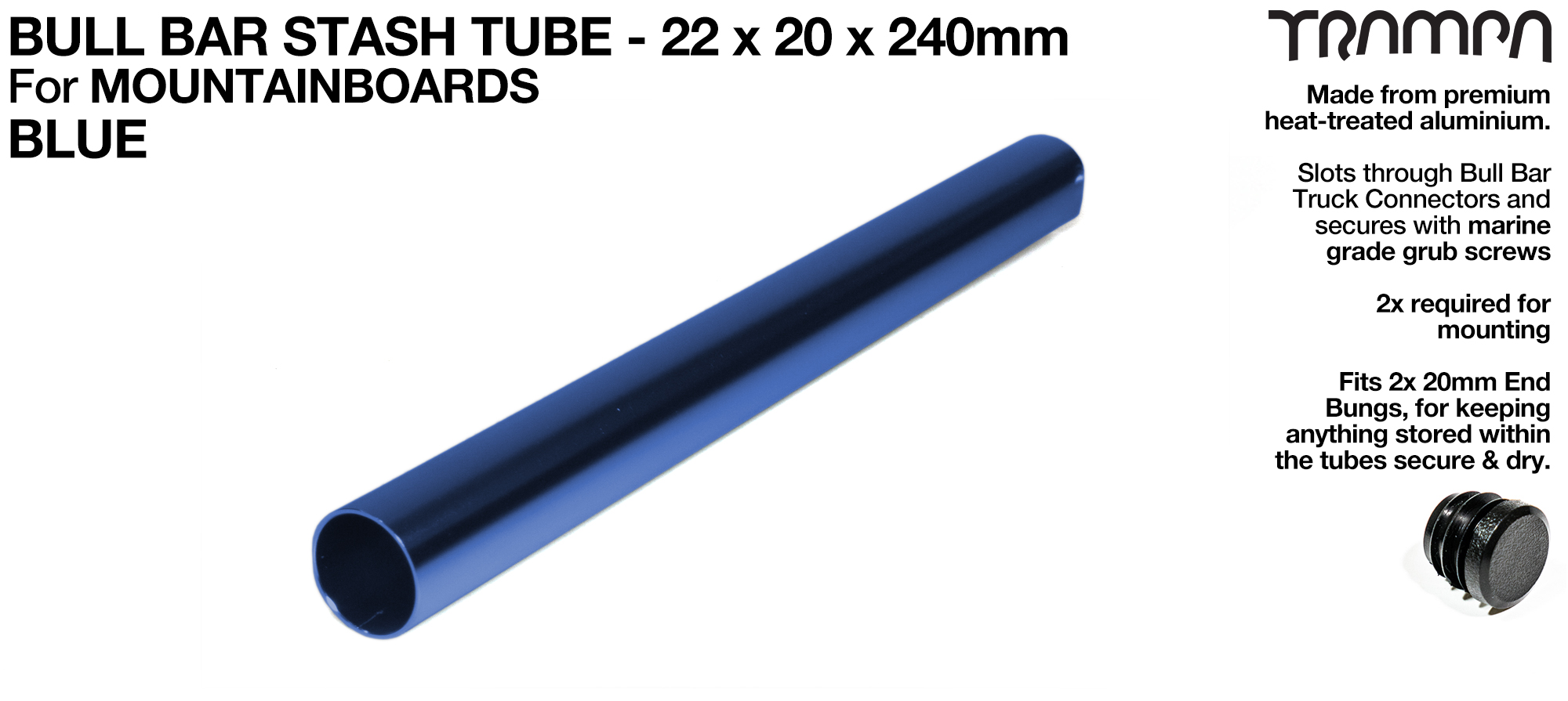 Mountainboard Bull Bar Hollow Aluminium Stash Tube - BLUE 22x20x240mm 