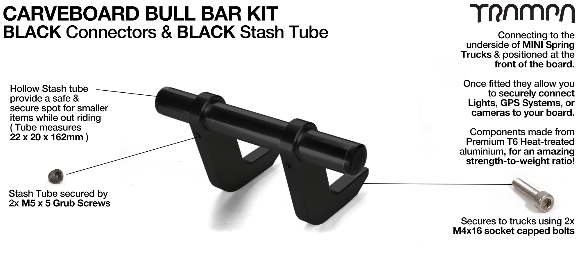 BLACK Uprights & BLACK Crossbar BULL BARS for CARVE BOARDS T6 Heat Treated CNC'd Aluminium Uprights, with Hollow Aluminium Stash Tubes with Rubber end bungs