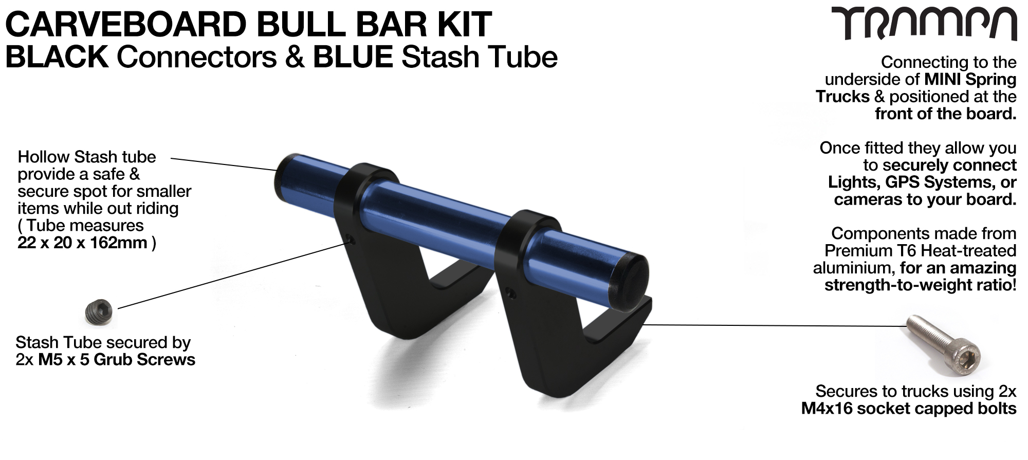 BLACK Uprights & BLUE Crossbar BULL BARS for CARVE BOARDS using T6 Heat Treated CNC'd Aluminum Clamps, Hollow Aluminium Stash Tubes with Rubber end bungs