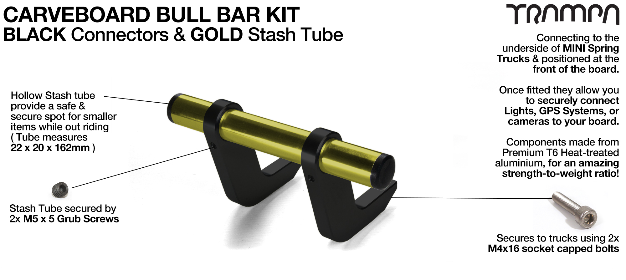 BLACK Uprights & GOLD Crossbar BULL BARS for CARVE BOARDS using T6 Heat Treated CNC'd AluminIum Clamps, Hollow Aluminium Stash Tubes with Rubber end bungs 