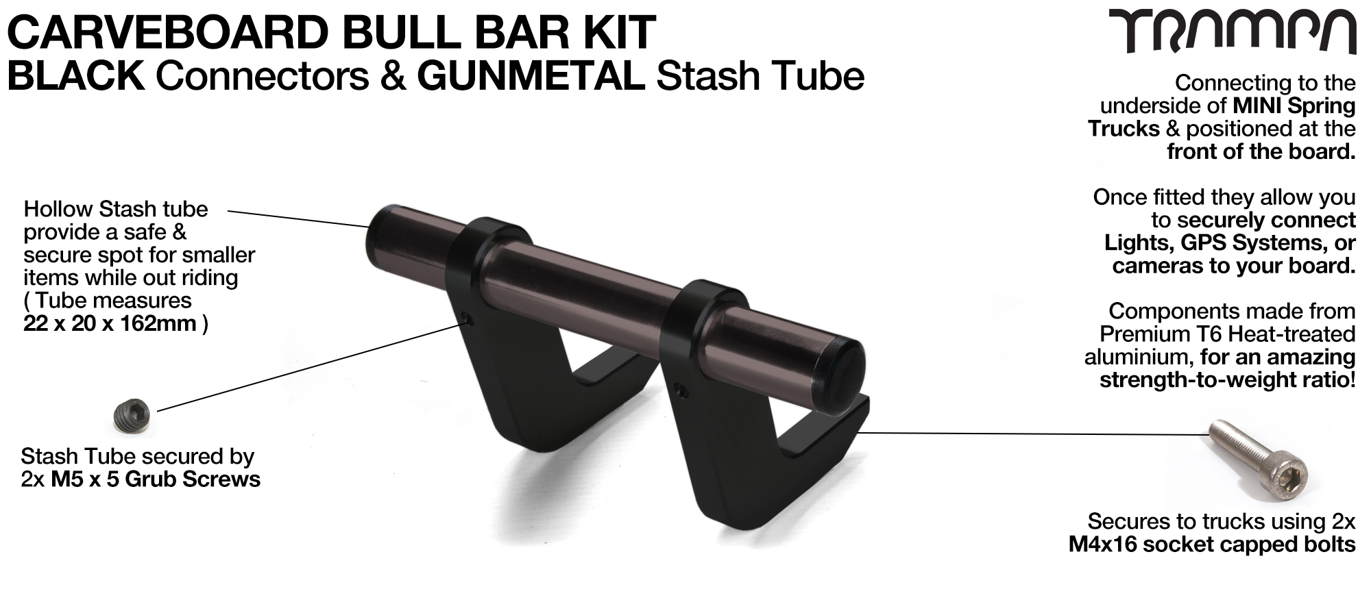 BLACK Uprights & GUNMETAL Crossbar BULL BARS for CARVE BOARDS using T6 Heat Treated CNC'd AluminIum Clamps, Hollow Aluminium Stash Tubes with Rubber end bungs  